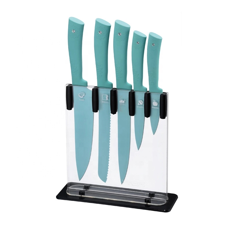 زهرة الماس البلاستيك مقبض 6 قطع طاه الأساسية سكين الفولاذ المقاوم للصدأ مجموعة مع موقف الاكريليك